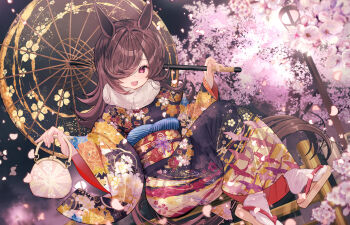 Rule 34 | 1girl, animal ears, black kimono, black umbrella, brown hair, cherry blossoms, floral print, floral print kimono, full body, fur scarf, hair over one eye, highres, holding, holding umbrella, horse ears, horse girl, horse tail, japanese clothes, kimono, kinchaku, lamppost, long hair, looking at viewer, night, obi, obiage, obijime, oil-paper umbrella, open mouth, outdoors, pouch, print kimono, purple eyes, rice shower (umamusume), sandals, sash, sitting, smile, socks, solo, tabi, tail, tree, umamusume, umbrella, white socks, wide sleeves, yomean!, zouri