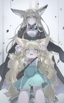 2girls 2ho :d absurdres animal_ear_fluff animal_ears arknights behind_another black_jacket blonde_hair blue_hairband breasts cardigan claw_pose cleavage commentary debris english_commentary fox_ears fox_girl fox_tail frilled_hairband frills frown glaring green_eyes grey_background hair_between_eyes hairband hands_up highres jacket kitsune kyuubi long_hair long_sleeves looking_at_viewer mother_and_daughter multiple_girls multiple_tails neck_ribbon official_alternate_costume open_cardigan open_clothes open_mouth red_ribbon ribbon scar scar_on_face shirt smile standing suzuran_(arknights) suzuran_(spring_praise)_(arknights) tail vulpisfoglia_(arknights) white_shirt yellow_cardigan