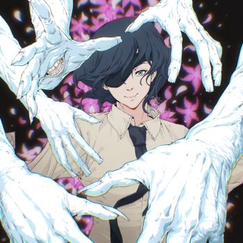 Rule 34 | 1girl, amputee, armless amputee, black hair, black necktie, blue eyes, chainsaw man, collared shirt, daisy (flower), dark background, eyepatch, flower, ghost devil (chainsaw man), ghost hands, hand mouth, highres, himeno (chainsaw man), josh corpuz, looking at viewer, necktie, no arms, pale skin, shirt, short hair, smile, solo, white shirt