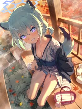 1girl alternate_breast_size_(smaller) animal_ear_fluff animal_ears ashiyu autumn_leaves bath_yukata blue_archive blue_halo blue_panties blush breasts collarbone commentary_request foot_bath green_hair green_nails grey_kimono grin halo japanese_clothes kimono leaf looking_at_viewer low_twintails maple_leaf nail_polish official_alternate_costume onsen paid_reward_available panties parted_lips purple_eyes revision shigure_(blue_archive) shigure_(hot_spring)_(blue_archive) short_hair short_twintails sitting small_breasts smile soaking_feet solo special_cat tail tokkuri twintails underwear weasel_ears weasel_girl weasel_tail yagasuri yukata