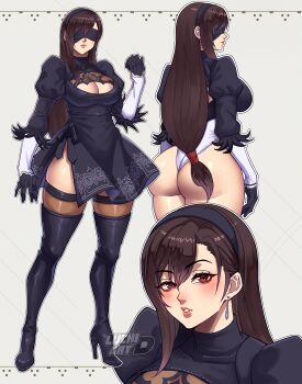 1girl 2b_(nier:automata) 2b_(nier:automata)_(cosplay) absurdres ass back_cutout black_boots black_dress black_gloves black_hairband black_thighhighs blindfold boots breasts brown_eyes cleavage_cutout clothing_cutout cosplay dress feather-trimmed_sleeves feather_trim final_fantasy final_fantasy_vii final_fantasy_vii:_ever_crisis from_behind full_body gloves hairband high_heel_boots high_heels highleg highleg_leotard highres huge_ass large_breasts leotard long_hair looking_at_viewer low-tied_long_hair luchidart nier:automata nier_(series) official_alternate_costume solo thigh_boots thighhighs thighhighs_under_boots thighs thong_leotard tifa_lockhart tifa_lockhart_(battler_ensemble) upper_body