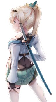 Rule 34 | 1girl, ass, blonde hair, breasts, butt crack, chest sarashi, cleavage, fingerless gloves, from behind, gloves, green eyes, hair ornament, haori, highres, hololive, japanese clothes, katana, kazama iroha, leaf hair ornament, ponytail, samurai, sarashi, shimo (depthbomb), shrug (clothing), smile, solo, sword, virtual youtuber, weapon, weapon on back