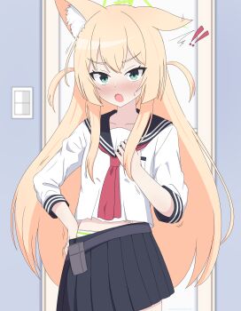 ! !! 1girl :o absurdres animal_ear_fluff animal_ears artist_name black_sailor_collar black_skirt blonde_hair blue_archive blurry blurry_background blush clothes_pull commentary_request cowboy_shot embarrassed fang floppy_ears fox_ears fox_girl green_eyes hair_between_eyes hairclip_(user_rasc5457) hand_on_own_hip highres indoors kurumi_(blue_archive) long_hair long_sleeves looking_at_viewer midriff_peek miniskirt neckerchief nose_blush open_mouth panties panty_peek pleated_skirt red_neckerchief sailor_collar school_uniform serafuku shirt sidelocks skin_fang skirt skirt_pull solo straight_hair striped_clothes striped_panties surprised sweatdrop tsurime two_side_up underwear v-shaped_eyebrows very_long_hair white_shirt