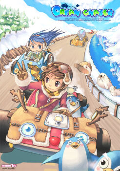 4leaf antlers aqua_fur archived_source artist_name belt belt_buckle bird black_eyes blue_eyes blue_hair blue_sky blush_stickers breasts breath brown_belt brown_eyes brown_gloves brown_hair brown_scarf buckle character_request commentary_request day dirt_road dream_chaser driving earmuffs emperor_penguin fleeing frown fur-trimmed_headwear fur-trimmed_jacket fur_sleeve_cuffs fur_trim gloves go-kart goggles goggles_on_head green_jacket green_scarf green_sleeves helmet horns jacket korean_commentary long_hair medium_breasts mittens motor_vehicle official_art penguin photoshop_(medium) race_vehicle racing red_jacket red_sleeves road scarf short_hair shoulder_belt sky sleeve_cuffs snow softmax steering_wheel straight_hair striped_clothes striped_scarf tears tiv unworn_headwear walrus wheel whiskers white_fur white_mittens white_scarf winter_clothes yellow_scarf zipper