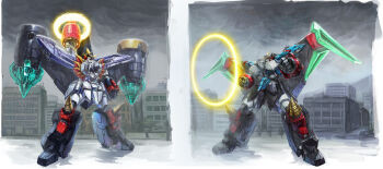 Rule 34 | absurdres, city, clenched hand, cloud, cloudy sky, commentary request, drill, gaofighgar, greatwhite1122, head tilt, highres, looking ahead, mecha, mechanical wings, no humans, orange eyes, rain, repli-star gaogaigar, revision, robot, science fiction, sky, super robot, tree, v-fin, wings, yuusha ou gaogaigar, yuusha ou gaogaigar final, yuusha series