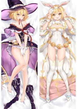 1girl :d animal_ears bare_legs bare_shoulders barefoot bed_sheet belly_chain blonde_hair breasts cleavage collarbone covered_navel covering_crotch covering_privates dakimakura_(medium) djeeta_(granblue_fantasy) fake_animal_ears from_above gluteal_fold granblue_fantasy hair_between_eyes hairband hat jewelry leotard long_hair looking_at_viewer lying medium_breasts miniskirt moeanime mouth_hold multiple_views no_panties on_back open_mouth playboy_bunny pleated_skirt purple_headwear rabbit_ears red_ribbon ribbon ribbon_in_mouth shiny_skin skirt smile solo split_screen strapless strapless_leotard thighhighs very_long_hair white_hairband white_leotard white_skirt white_thighhighs witch_hat wrist_cuffs yellow_eyes