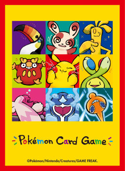 ;) @_@ black_eyes border budew closed_eyes closed_mouth commentary_request copyright_name darumaka gen_1_pokemon gen_3_pokemon gen_4_pokemon gen_5_pokemon gen_7_pokemon gholdengo grin highres nintendo no_humans official_art one_eye_closed palafin palafin_(hero) pikachu pokemon pokemon_(creature) pokemon_tcg red_border rotom rotom_(normal) smile spinda spiral-only_eyes teeth tinkaton toucannon
