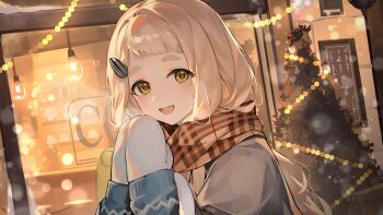 1girl absurdres alternate_costume blonde_hair blue_sweater blunt_bangs brown_scarf cine_(wazd0183) coat commentary_request dutch_angle enpera fur-trimmed_sleeves fur_trim grey_coat hair_ornament hanging_light highres long_hair looking_at_viewer machita_chima mittens nijisanji open_mouth outdoors own_hands_together plaid_clothes plaid_scarf scarf smile snowing solo string_of_light_bulbs sweater tree upper_body virtual_youtuber white_mittens yellow_eyes