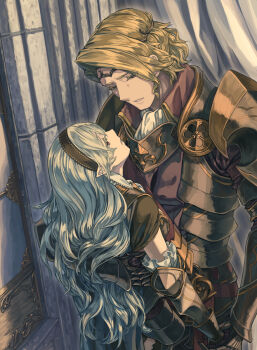 1boy 1girl armor black_armor black_hairband blonde_hair brother_and_sister female_corrin_(fire_emblem) female_corrin_(nohr_noble)_(fire_emblem) eye_contact fire_emblem fire_emblem_fates gauntlets hairband harusame_(rueken) highres holding_hands indoors long_hair looking_at_another looking_down looking_up nintendo open_mouth pauldrons pointy_ears shoulder_armor siblings silver_hair very_long_hair xander_(fire_emblem)