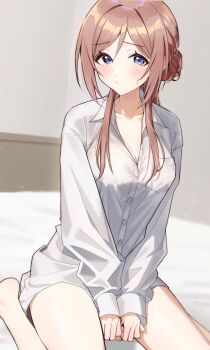 1girl 24riside absurdres bed blue_eyes blush breasts brown_hair commentary_request gakuen_idolmaster hair_bun highres himesaki_rinami idolmaster large_breasts legs long_hair looking_at_viewer on_bed oversized_clothes oversized_shirt partially_unbuttoned shirt solo thighs white_shirt
