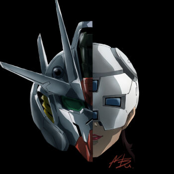 1girl black_background commentary_request covered_eyes facing_viewer gundam gundam_aerial gundam_suisei_no_majo head_only helmet helmet_over_eyes katayama_manabu light_smile lipstick makeup mecha mobile_suit parted_lips prospera_mercury red_lips robot sidelighting signature simple_background split_screen v-fin