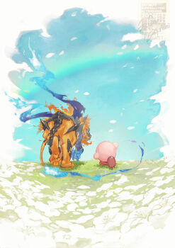 Rule 34 | absurdres, animal hands, blue fire, blue sky, commentary request, fire, flame-tipped tail, flower, from behind, highres, kirby, kirby (series), kirby air ride, kirby air riders, leo (kirby), lion tail, nintendo, outdoors, petals, rainbow, signature, sky, tail, walking, watermark, white flower, womega (sigma)