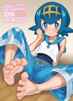 1girl artist_name barefoot blue_eyes blue_hair blue_pants blue_sailor_collar blush bright_pupils collarbone feet foot_focus full_body grey_background hair_between_eyes hairband lana_(pokemon) looking_at_viewer medium_hair nintendo one-piece_swimsuit paid_reward_available pants pokemon pokemon_sm sailor_collar sitting smile soles solo spread_toes swimsuit swimsuit_under_clothes toe_scrunch toenails toes tsukimaru_(ls_99ml) twitter_username watermark white_pupils wooden_floor