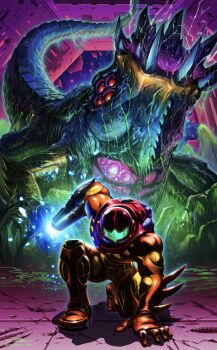 Rule 34 | 1girl, absurdres, alien, arm cannon, armor, artist name, assault visor, blood, full armor, fusion suit, green blood, green visor, highres, metroid, metroid (creature), metroid fusion, nintendo, omega metroid, power armor, power suit (metroid), samus aran, signature, superhero landing, varia suit, weapon, yasukuni kazumasa