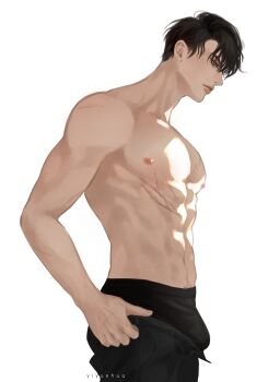 1boy abs absurdres black_eyes black_hair bulge cowboy_shot curtained_hair hands_on_own_hips highres male_focus muscular muscular_male nipples omniscient_reader&#039;s_viewpoint pectorals short_hair solo topless_male yiyuehua yoo_joonghyuk