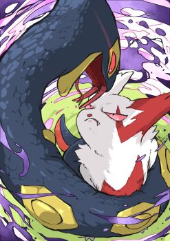 aomon_(yuuji7604) black_eyes black_scales coiled colored_sclera colored_teeth commentary eye_trail fang fighting forked_tongue from_above gen_3_pokemon grass highres light_trail looking_at_another nintendo no_humans outdoors parted_lips pokemon pokemon_(creature) red_eyes red_fur red_sclera restrained scales seviper snake tongue tongue_out two-tone_fur white_fur zangoose