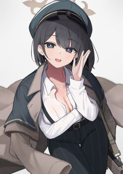 1girl absurdres arm_under_breasts artistic_error bad_anatomy bad_hands belt black_belt black_eyes black_hair blue_archive breasts brown_coat cleavage coat coat_on_shoulders collarbone commentary_request green_hat green_pants halo hat highres hiromi_(blue_archive) medium_breasts nano_(nandemo_note31) open_mouth pants partially_unbuttoned shirt short_hair simple_background solo suspenders white_background white_shirt