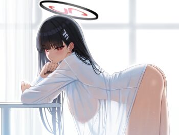 1girl absurdres arm_rest ass black_hair blue_archive blush bottomless breasts commentary_request dated_commentary fingernails from_side halo hanging_breasts highres indoors large_breasts leaning_forward leaning_on_object long_hair looking_at_viewer looking_to_the_side mizikayo nail_polish naked_shirt nipples no_bra red_eyes ringed_eyes rio_(blue_archive) see-through_silhouette shirt solo very_long_hair white_shirt