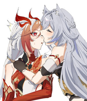 2girls ^^^ absurdres animal_ears biting_nose black_dress cat_ears chinese_clothes commentary_request dress fu_hua fu_hua_(garuda) gloves grey_hair herrscher_of_sentience highres honkai_(series) honkai_impact_3rd kemonomimi_mode long_hair multicolored_hair multiple_girls ramao24 red_eyes red_gloves red_hair simple_background two-tone_hair two-tone_shirt very_long_hair white_background white_hair yuri