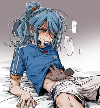 1boy ? blue_hair blue_shirt blush clothes_lift commentary disembodied_hand hand_under_clothes highres inazuma_eleven inazuma_eleven_(series) kazemaru_ichirouta long_hair male_focus niniliuliu parted_lips ponytail shirt shirt_lift short_sleeves shorts simple_background soccer_uniform solo spoken_question_mark sportswear sweat symbol-only_commentary white_shorts