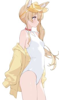 1girl animal_ear_fluff animal_ears blonde_hair blue_archive breasts clothing_cutout commentary_request covered_navel cowboy_shot cross_halo diamond_cutout fox_ears fox_girl fox_tail halo highleg highleg_one-piece_swimsuit highres inami_(x_spidekawaii_x) jacket long_hair official_alternate_costume official_alternate_hairstyle one-piece_swimsuit orange_eyes seia_(blue_archive) seia_(swimsuit)_(blue_archive) side_ponytail simple_background small_breasts solo standing swimsuit tail visor_cap white_background white_one-piece_swimsuit yellow_halo yellow_jacket yellow_visor