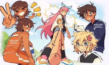 &gt;_&lt; 1girl 3boys :d ;d ankle_socks antenna_hair arm_hair artist_name aubrey_(faraway)_(omori) aubrey_(omori) bare_arms bare_shoulders baseball_bat basil_(faraway)_(omori) basil_(omori) bespectacled black-framed_eyewear black_shirt black_socks black_sweater_vest blue_eyes blue_hairband blue_skirt blue_sky blue_sweater book border bottle bow_hairband brothers brown_eyes brown_hair bush cloud collared_shirt commentary cropped_torso dark-skinned_male dark_skin day double-parted_bangs ear_piercing english_commentary facing_viewer feet_out_of_frame flower foreshortening freckles from_below full_body glasses grin hair_behind_ear hair_between_eyes hair_flower hair_ornament hairband hero_(faraway)_(omori) hero_(omori) highres holding holding_baseball_bat holding_book holding_bottle jacket kel_(faraway)_(omori) kel_(omori) light-skinned_palms long_hair long_sleeves looking_at_viewer miniskirt mole mole_under_eye multiple_boys nail_(hardware) nail_bat omori one_eye_closed open_book open_clothes open_jacket open_mouth orange_shirt orange_shorts outdoors outside_border piercing pink_hair profile raised_inner_eyebrows rectangular_eyewear red_flower semi-rimless_eyewear shirt shoes short_hair shorts siblings sidelocks sideways_mouth simple_background single_vertical_stripe sitting skirt sky sleeveless sleeveless_shirt smile socks standing sweat sweatdrop sweater sweater_vest three-quarter_sleeves v v-neck very_long_hair very_short_hair water_bottle watermark white_border white_jacket white_shirt white_shoes white_trim zipsunz