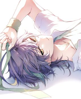 1boy black_hair earrings genshin_impact green_eyes green_hair green_shirt hair_between_eyes highres jewelry kinich_(genshin_impact) lying male_focus multicolored_hair neck_tattoo open_clothes open_shirt shirt solo streaked_hair tattoo thistle_lapis white_shirt