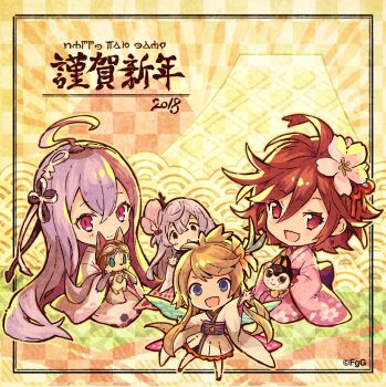 2018 4girls :d :o alkemono_(ta_ga_tame_no_alchemist) blonde_hair blue_eyes checkered_background commentary_request copyright_notice double-parted_bangs dulyn fairy_wings floral_print flower g-row grey_hair hair_between_eyes hair_flower hair_ornament happy_new_year highres japanese_clothes kimono komainu_(shinobi_nightmare) long_hair multicolored_hair multiple_girls new_year official_art open_mouth ouroboros_(ta_ga_tame_no_alchemist) phantom_of_the_kill pink_flower pink_kimono question_mark_ahoge red_eyes sakura_(shinobi_nightmare) second-party_source seiza shinobi_nightmare sitting smile standing ta_ga_tame_no_alchemist titania_(phantom_of_the_kill) two-tone_hair very_long_hair white_kimono wings