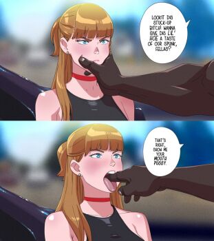 1boy 1girl bare_shoulders blue_eyes brown_hair choker closed_mouth collarbone dark-skinned_male dark_skin earrings english_text eyebrows eyelashes finger_in_another's_mouth jewelry lips long_hair nose open_mouth outdoors red_choker sequential speech_bubble teeth tekuho_no_habo tongue tongue_out upper_body upper_teeth_only