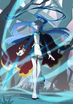 2girls absurdres ascot blue_ascot blue_cape blue_dress blue_eyes blue_hair boots cape child closed_mouth commentary dress epaulettes fingerless_gloves frown full_body gloves glowing glowing_sword glowing_weapon grass high_ponytail highres hirogaru_sky!_precure holding holding_sword holding_weapon itaoka1 long_hair long_sleeves looking_at_another multiple_girls on_ground open_mouth outdoors ponytail precure red_cape shalala_(precure) sora_harewataru standing sword tassel thigh_boots two-sided_cape two-sided_fabric two-tone_dress very_long_hair weapon white_boots white_dress white_gloves wind