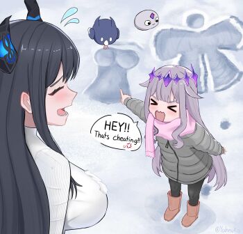 >_< 2girls absurdres alternate_costume anger_vein artist_name asymmetrical_horns bird black_hair black_horns black_pantyhose blush boots breasts brown_boots casual cheating_(competitive) closed_mouth coat commentary day demon_horns english_commentary english_text flying_sweatdrops from_above full_body fur_boots gem gem_hair_ornament hair_flaps height_difference highres hololive hololive_english horns jailbird_(nerissa_ravencroft) koseki_bijou large_breasts licking long_hair long_sleeves multiple_girls nerissa_ravencroft open_mouth outdoors pantyhose pebble_(koseki_bijou) pink_coat pink_hair pointing purple_gem sidelocks smile snow snow_angel snow_on_clothes sweater teeth tongue tongue_out turtleneck turtleneck_sweater ugg_boots uneven_horns very_long_hair virtual_youtuber white_sweater winter yahnuko