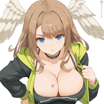 1girl black_collar black_shirt blue_eyes breast_tattoo breasts brown_hair cleavage collar collarbone commentary english_commentary eunie_(xenoblade) feathers hair_over_shoulder hand_on_own_hip head_wings highres jacket large_breasts light_frown looking_at_viewer open_clothes open_jacket shirt simple_background solo tattoo white_background white_feathers wings xenoblade_chronicles_(series) xenoblade_chronicles_3 zelc-face