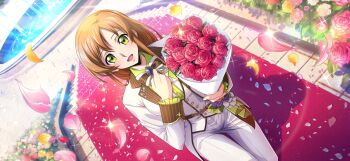 1girl artist_request blue_gemstone blush bouquet bow bowtie breasts brooch brown_bow brown_bowtie buttons clenched_hand code_geass code_geass:_lost_stories collared_shirt crossdressing crossdressing_(ftm) day dutch_angle female_focus flower formal_clothes fountain frilled_jacket frilled_sleeves frills game_cg gem green_eyes green_shirt groom hand_on_own_chest hands_up happy highres holding holding_bouquet jacket jewelry light_blush long_hair long_sleeves looking_at_viewer medium_breasts non-web_source official_art on_one_knee open_clothes open_jacket open_mouth orange_hair outdoors pants petals pink_flower pink_rose red_carpet red_flower red_rose rose shirley_fenette shirt sidelocks smile solo sparkle stairs straight-on vest white_flower white_jacket white_pants white_rose white_vest yellow_flower yellow_rose