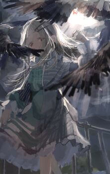 1girl absurdres arm_up backlighting bird black_dress cloud commentary_request covered_face dress feet_out_of_frame frilled_dress frills gakuen_idolmaster green_dress grey_hair grey_sky hair_ornament hairclip highres idolmaster light_rays long_hair long_sleeves looking_at_viewer multicolored_dress orange_eyes outdoors parallel_hairclips pigeon puffy_long_sleeves puffy_sleeves railing shinosawa_hiro sky solo standing sunbeam sunlight utsusemi_1024