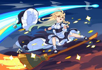 Rule 34 | 1girl, apron, black shoes, black skirt, blonde hair, bow, braid, broom, broom surfing, collared shirt, commentary request, devilkillerx, green bow, hair bow, hat, hat ornament, highres, kirisame marisa, long hair, no headwear, open mouth, orange eyes, puffy short sleeves, puffy sleeves, shirt, shoes, short sleeves, side braid, single braid, skirt, smile, socks, solo, star (symbol), star hat ornament, touhou, touhou lost branch of legend, underbust, unworn hat, unworn headwear, very long hair, waist apron, white apron, white shirt, white socks, witch hat