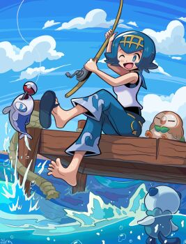 1girl blue_eyes blue_hair blue_pants blue_sky bright_pupils cloud collared_shirt day fishing_rod flip-flops freckles gen_5_pokemon gen_7_pokemon hairband highres holding holding_fishing_rod lana_(pokemon) nintendo no_sclera open_clothes open_mouth oshawott outdoors pants partially_underwater_shot pier pokemon pokemon_(creature) pokemon_sm print_pants rowlet sandals shirt sitting sky sleeveless sleeveless_shirt water wave_print white_pupils wishiwashi wishiwashi_(solo) wolfang_fh