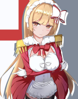 1girl arms_under_breasts blonde_hair blush bow bowtie breast_lift breasts brown_eyes cleavage crossed_arms epaulettes gloves hair_bow hairband howe_(warship_girls_r) jacket large_breasts long_hair looking_at_viewer red_bow red_jacket red_shirt shirt skirt smile solo standing steelblue_mirage thighhighs warship_girls_r white_bow white_gloves white_hairband white_shirt white_skirt zettai_ryouiki