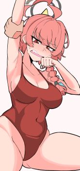 1girl absurdres ahoge alternate_breast_size_(larger) armpits black_nails blue_archive blush braid breasts halo highres holding_another&#039;s_arm jacket large_breasts looking_at_viewer mole mole_under_eye nail_polish neru_(blue_archive) one-piece_swimsuit open_mouth orange_hair red_eyes red_one-piece_swimsuit single_braid solo swimsuit two_handy