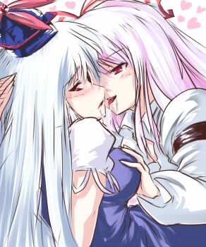 2girls breasts date_hajime duplicate female_focus fujiwara_no_mokou grabbing_another&#039;s_breast groping hat kamishirasawa_keine kiss large_breasts multiple_girls red_eyes saliva touhou yuri