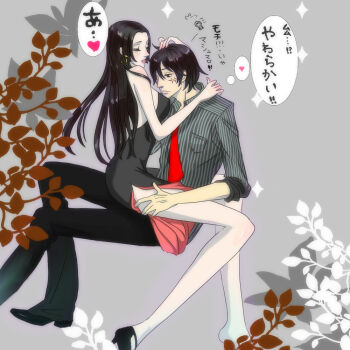 1boy 1girl black_footwear black_hair black_pants boa_hancock couple dress earrings formal_clothes heart hetero high_heels hug jewelry long_hair monkey_d._luffy necktie on_lap one_piece pairing pants red_neckwear scar shirt shoes sitting striped_clothes striped_shirt