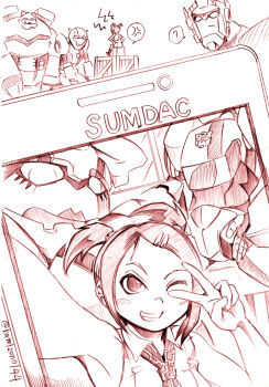 1girl 3boys ? android anger_vein autobot bulkhead bumblebee cellphone dress hair_ornament hairclip kamizono_(spookyhouse) licking_lips machine machinery mecha monochrome multiple_boys optimus_prime phone ribbon robot sari_sumdac science_fiction short_twintails smartphone smile tongue tongue_out transformers transformers_animated twintails