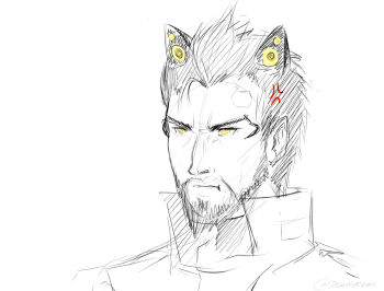 1boy adam_jensen anger_vein animal_ear_headphones animal_ears beard cat_ear_headphones cat_ears deus_ex extra_ears facial_hair fake_animal_ears headphones male_focus monochrome no_eyewear portrait sketch slifertheskydragon solo spot_color yellow_eyes