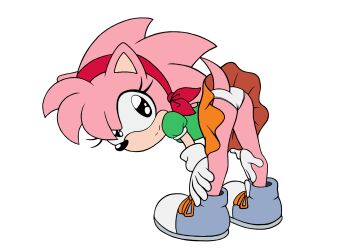 1girl amy_rose animal animal_ears ass bent_over black_eyes blue_shoes classic_amy_rose from_behind furry gloves green_shirt hairband hedgehog hedgehog_girl highres loli looking_at_viewer looking_back orange_skirt panties pink_fur pink_hair puffy_sleeves sega shirt shoes short_hair short_sleeves skirt smile sneakers sonic_(series) sonictopfan spiked_hair tail underwear upskirt white_background white_gloves white_panties