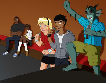 2girls 3boys alternate_costume black_hair blonde_hair blue_eyes book brown_eyes bumble_bee cassandra_sandsmark colored_skin couple dark_skin dc_comics green_skin hairband hood hoodie jamie_reyes karaoke karen_beecher lagoon_boy loafers mal_duncan microphone multiple_boys multiple_girls open_book reading red_eyes red_shirt shirt shoes short_hair sitting skirt smile sneakers socks t-shirt white_legwear wonder_girl young_justice:_invasion