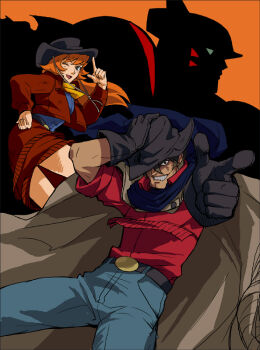 belt brother_and_sister brown_hair colorful_m cowboy cowboy_hat cowboy_western denim getter_robo gloves grin hat jack_king jeans mary_king mecha one_eye_closed orange_hair pants pointing robot scarf shin_getter_robo_vs_neo_getter_robo siblings smile texas_mack toei_company western wink