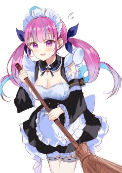 1girl absurdres ahoge anchor_ornament apron aqua_hair aquarium_(visual_novel) black_dress black_sleeves blue_gemstone blue_ribbon blush braid breasts broom chino0803 cleavage colored_inner_hair curly_hair detached_sleeves dress flying_sweatdrops gem hair_ribbon highres holding holding_broom hololive large_breasts long_hair long_sleeves maid maid_headdress minato_aqua multicolored_hair neck_ribbon open_mouth pink_eyes pink_hair ribbon simple_background solo streaked_hair sweat thighhighs thighs twintails two-tone_hair virtual_youtuber white_apron white_background white_thighhighs