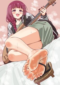 1girl arched_back asikoma7777 bare_legs barefoot bed_sheet black_nails blush bocchi_the_rock! braid braided_ponytail dress fang feet foot_focus footprints full_body geta green_dress guitar hair_over_shoulder highres hiroi_kikuri holding instrument jacket large_variant_set legs looking_at_viewer open_clothes open_jacket open_mouth pink_background purple_eyes purple_hair sandals short_dress single_sandal smell soles solo steaming_body sweat toes variant_set