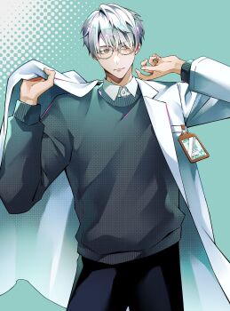 1boy aose_(_aose242) aqua_background black_pants brown_eyes closed_mouth collared_shirt commentary cowboy_shot dressing glasses grey-framed_eyewear grey_hair grey_sweater halftone halftone_background highres hitotsubashi_ayato hitotsubashi_ayato_(1st_costume) id_card lab_coat long_sleeves looking_to_the_side male_focus nijisanji pants shirt short_hair solo standing sweater symbol-only_commentary undercut virtual_youtuber white_shirt