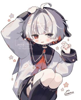 Rule 34 | 1girl, ahoge, black choker, black shorts, black socks, blunt bangs, blush stickers, choker, commentary request, cotono (nazekun), dot nose, feet out of frame, grey eyes, grey hair, hair intakes, hand up, heterochromia, highres, idolmaster, kneehighs, long sleeves, multicolored hair, no.83 (vtuber), open mouth, orange eyes, orange hair, original, shirt, short hair, shorts, signature, simple background, smile, socks, solo, squatting, star (symbol), two-tone hair, virtual youtuber, watermark, white background, white shirt