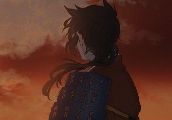 1boy black_hair character_request commentary_request evening ichino_(1no) japanese_clothes kimono long_hair lowres male_focus orange_sky outdoors portrait red_kimono sky solo touken_ranbu